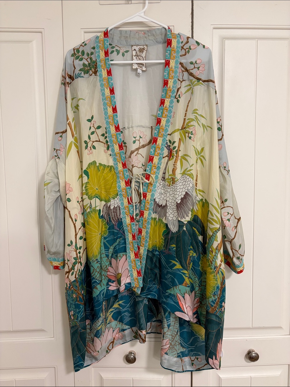 Johnny Was Teal Cream Pink Crane Floral Kimono Jacket